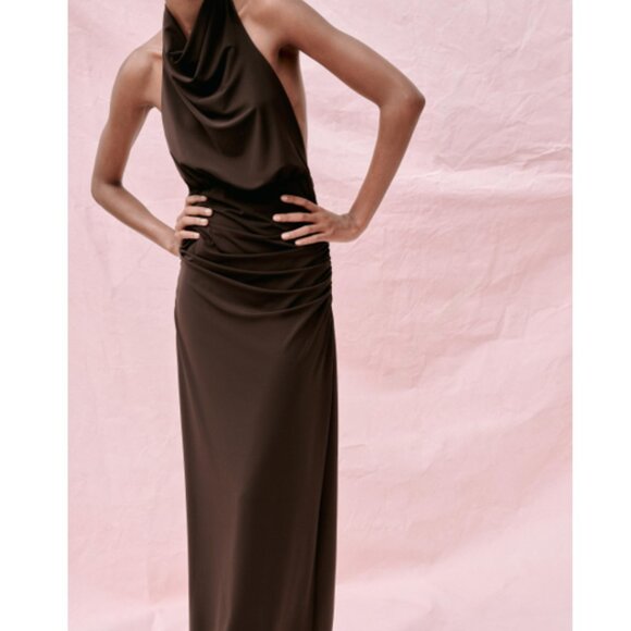 Zara Long Open Back Halter Dress Dark Brown XS - Picture 4 of 8